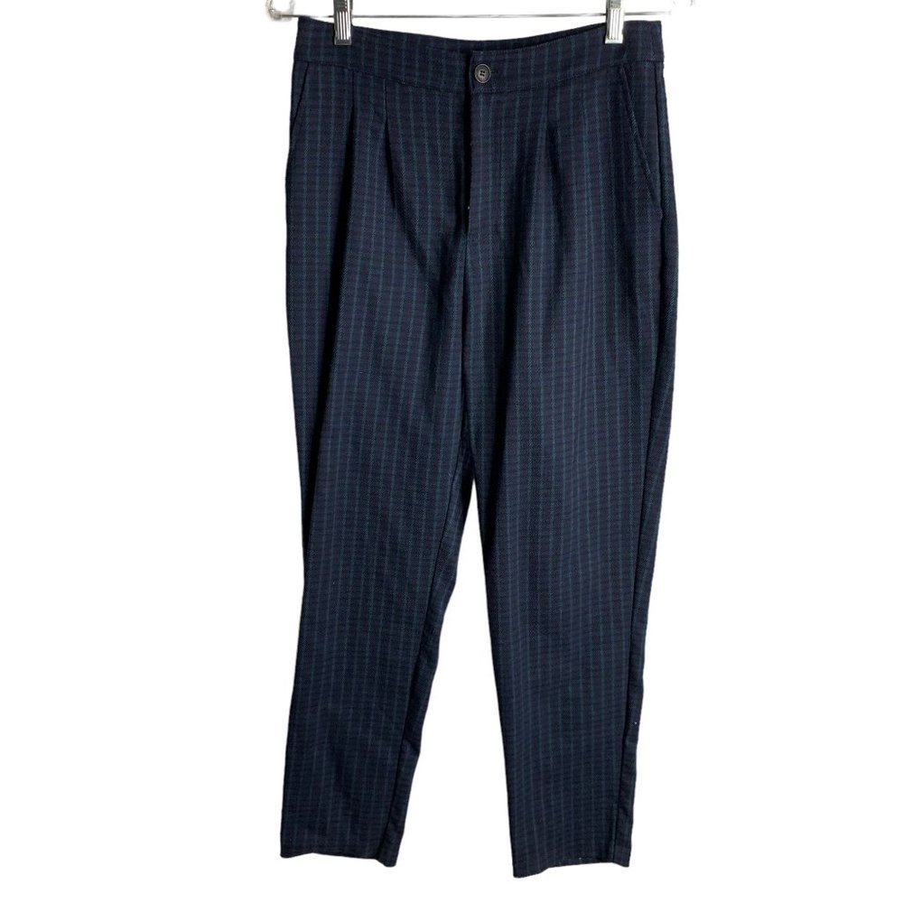 Forever 21 Flannel Plaid Pants M Blue Pleated Front Pockets High Rise Button Zip